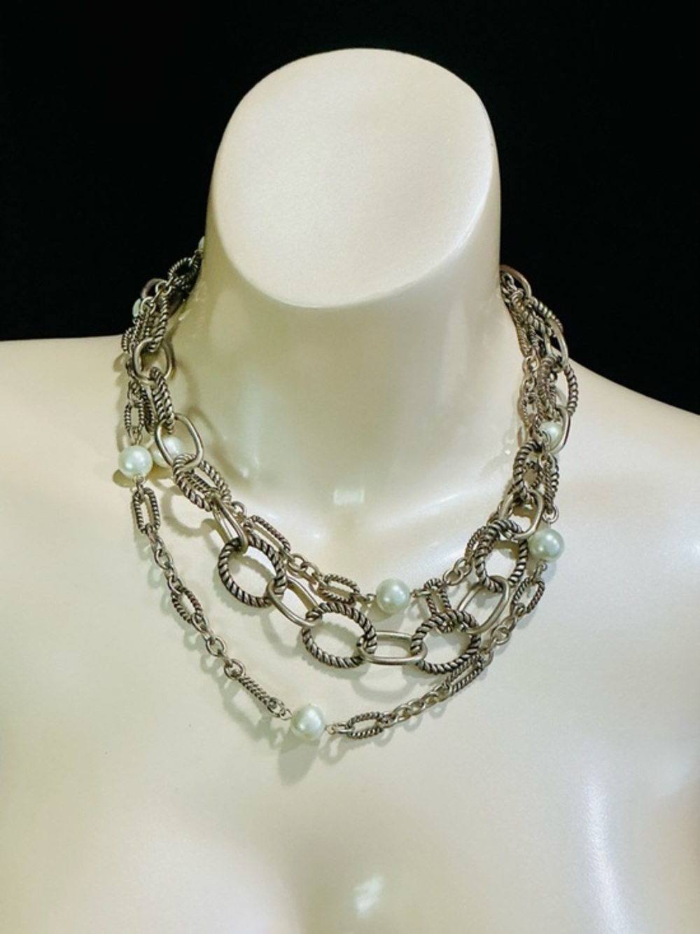 Source Unknown Silver-Tone Multi-Strand Necklace w/Pearl Beads Elevated Everyday